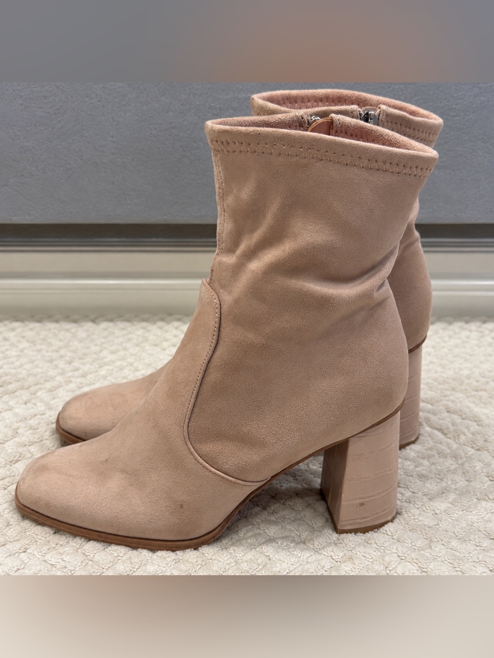 Blush Pink Faux Suede Sock Ankle Boots Block Heel Size 8